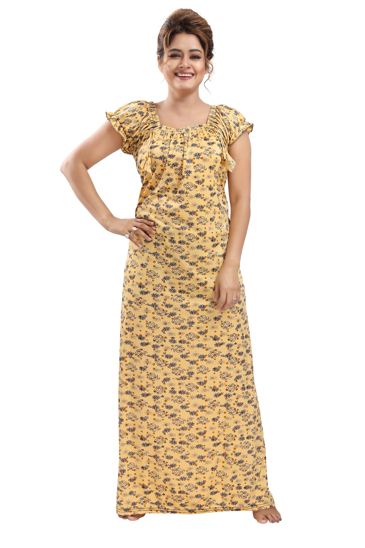 Yellow Sarina Satin Botanical Print Night Gown for Women