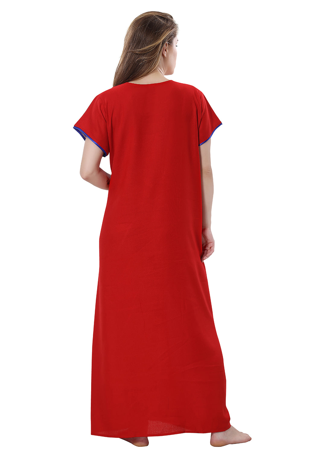Red Alpine Embroidered Short Sleeves Night Gown for Women Back