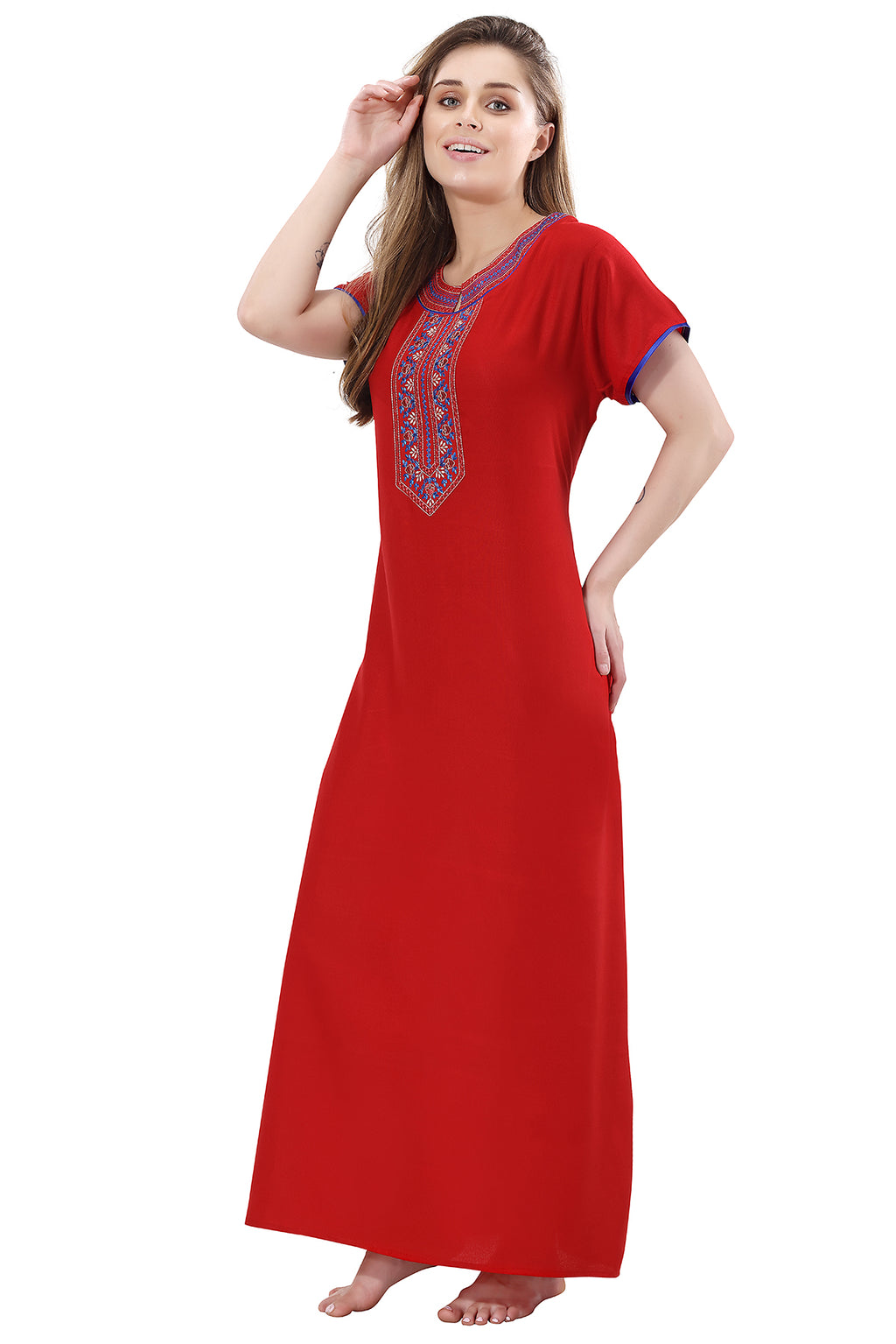 Red Alpine Embroidered Short Sleeves Night Gown for Women Side