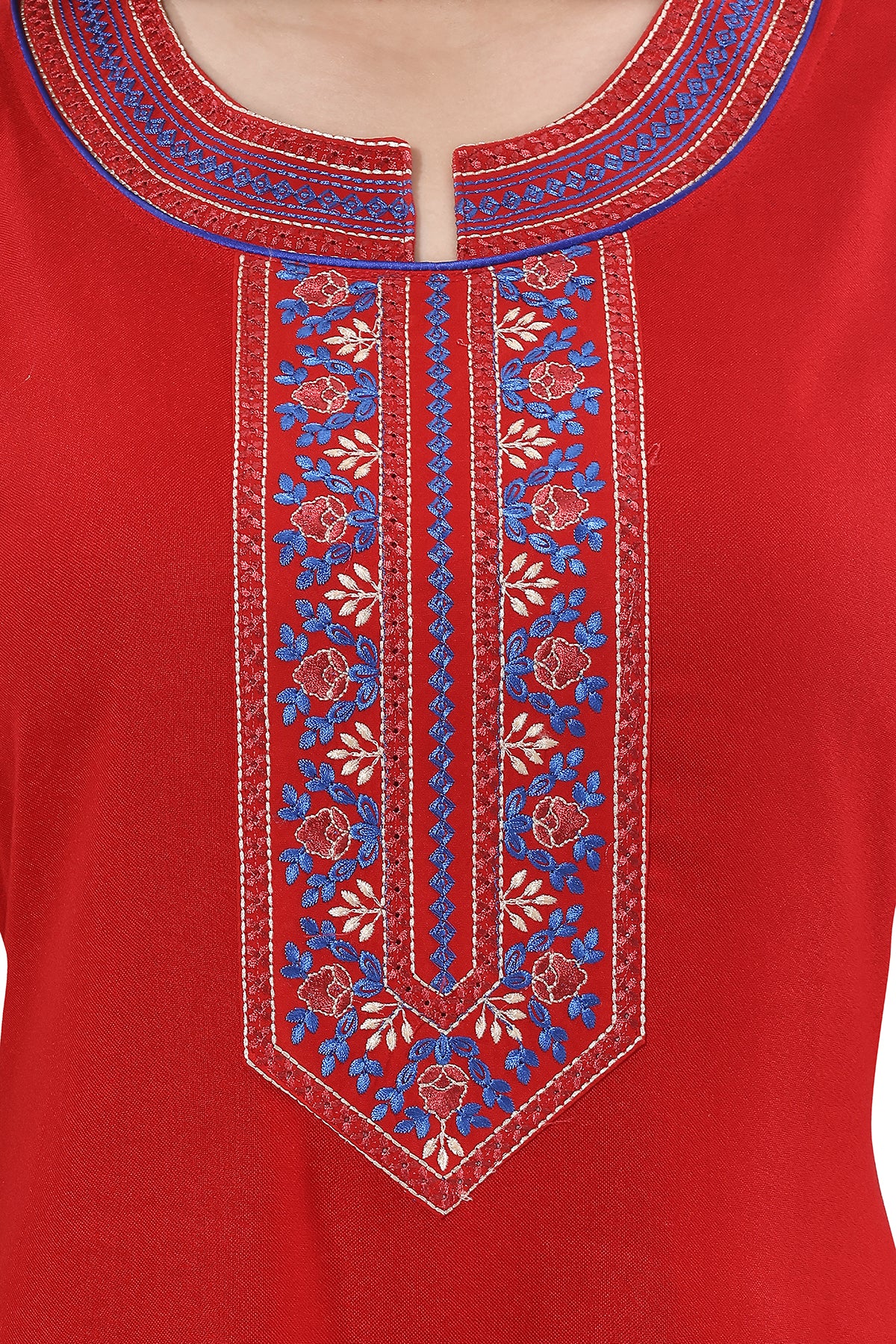 Red Alpine Embroidered Short Sleeves Night Gown for Women Zoomed