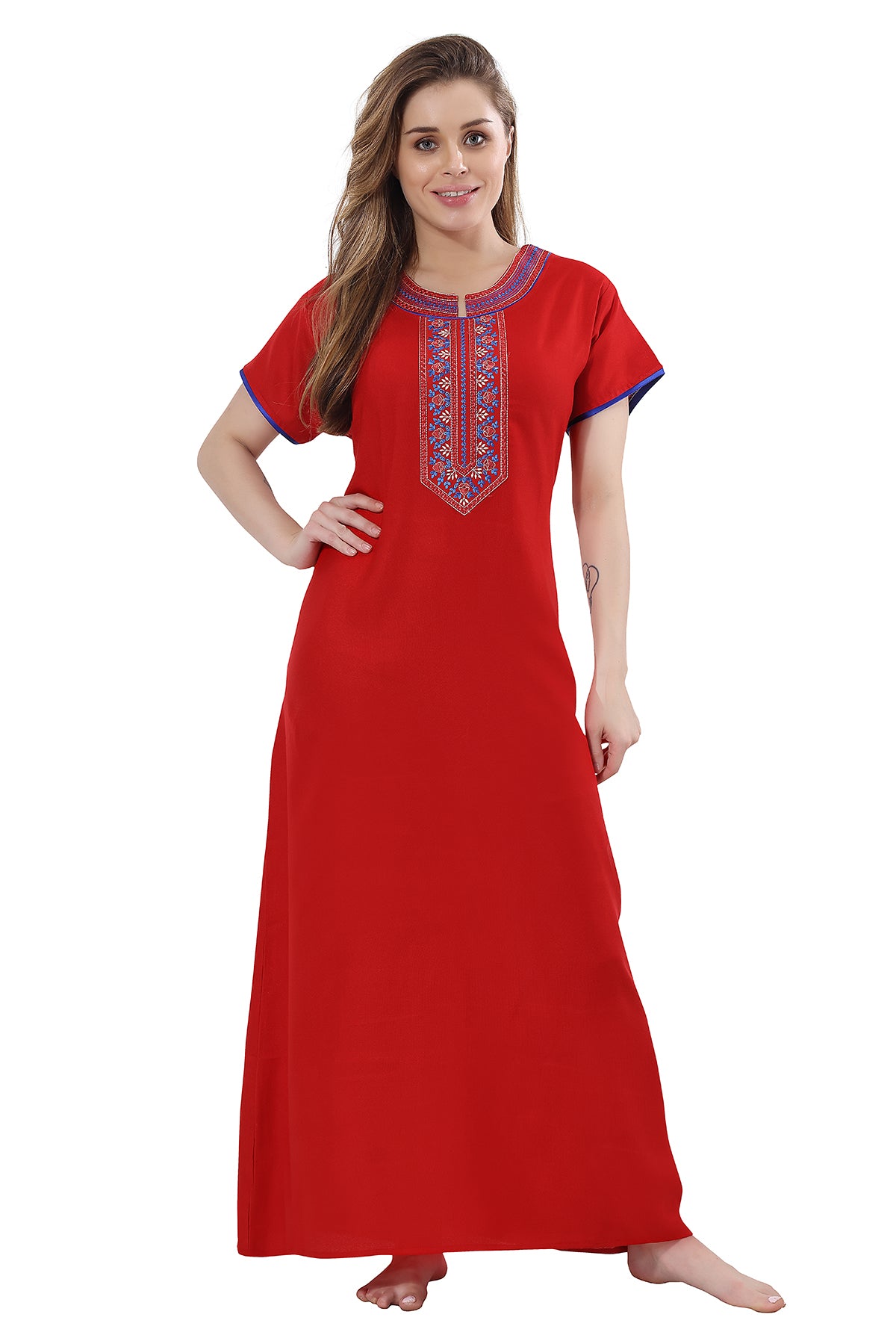 Red Alpine Embroidered Short Sleeves Night Gown for Women