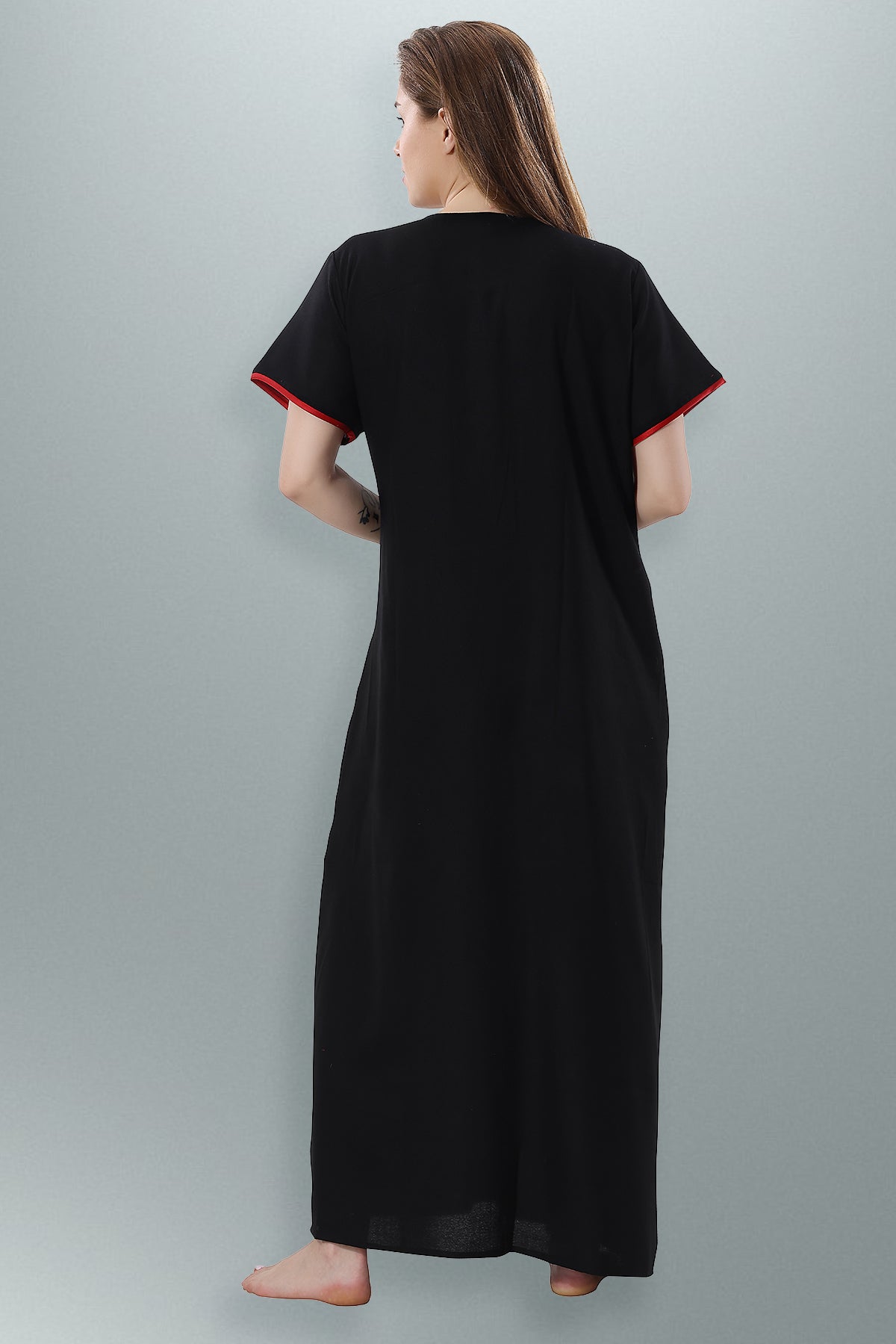 Black Alpine Embroidered Cotton Night Gown for Women