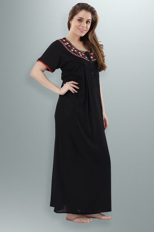 Black Alpine Embroidered Cotton Night Gown for Women