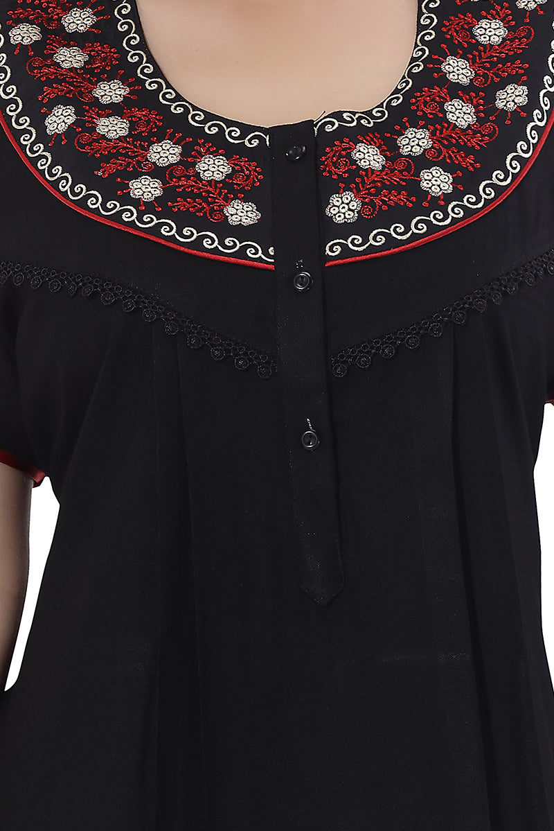 Black Alpine Embroidered Cotton Night Gown for Women