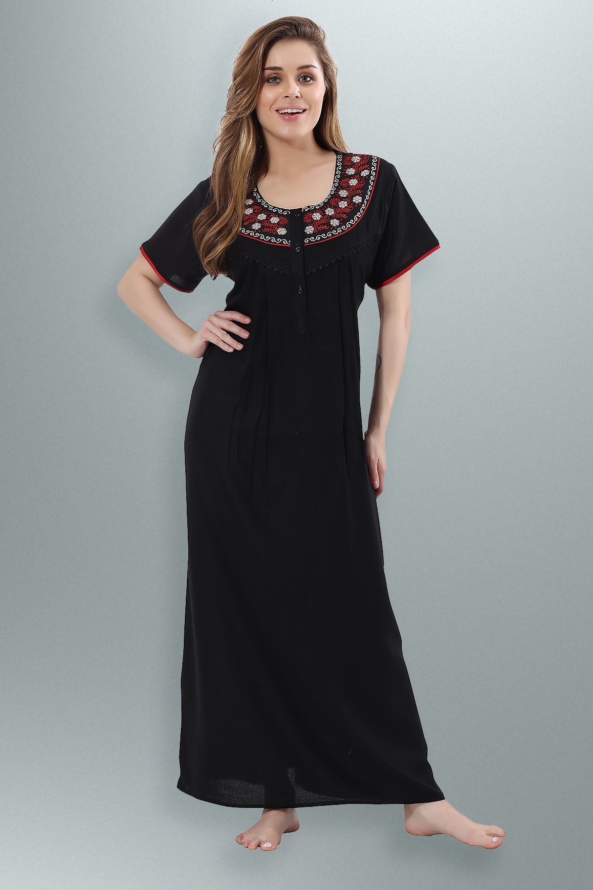 Black Alpine Embroidered Cotton Night Gown for Women