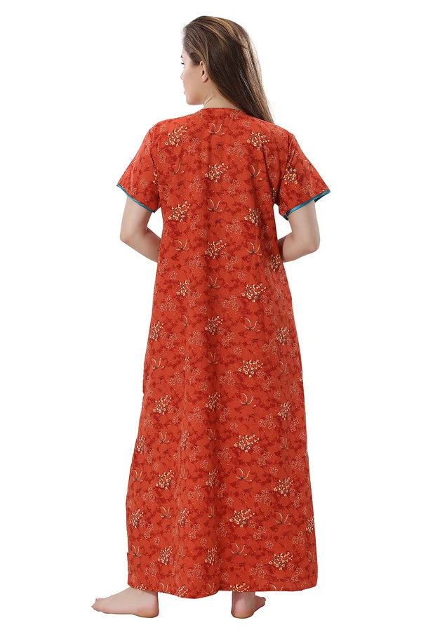 Orange cotton embroidered night gown for women
