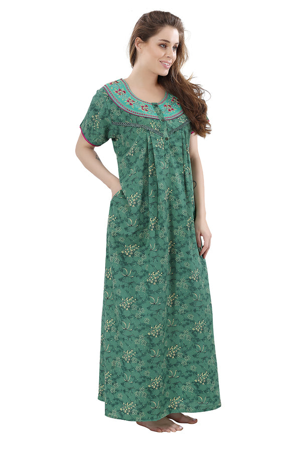 Rama green cotton embroidered night gown for women
