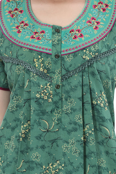 Rama green floral print women night gown close view