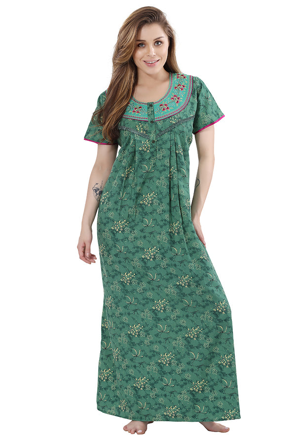 Women wearing green crush cotton nighty front view
