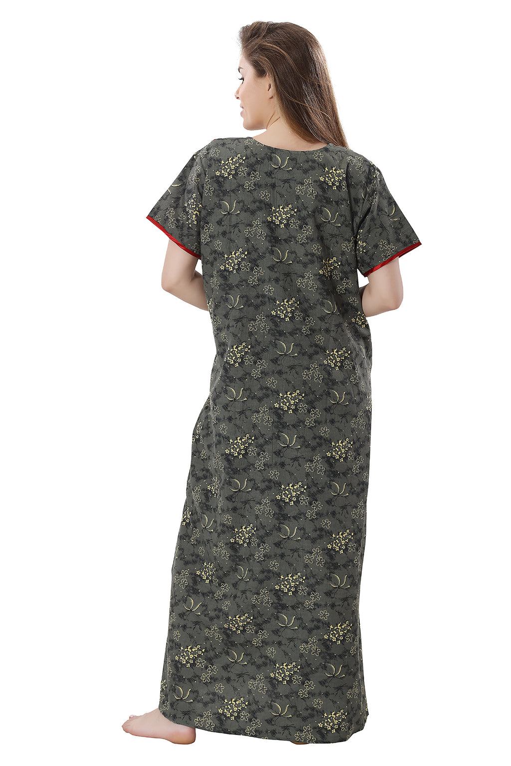 Grey Crush Cotton Embroidered Short Sleeves Pack of 1 Night Gown for Women