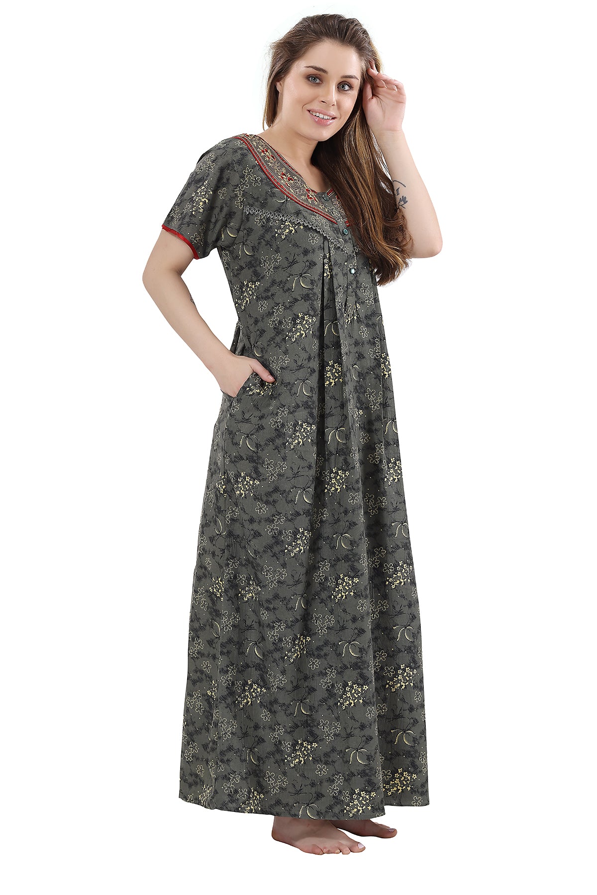 Grey Crush Cotton Embroidered Short Sleeves Pack of 1 Night Gown for Women