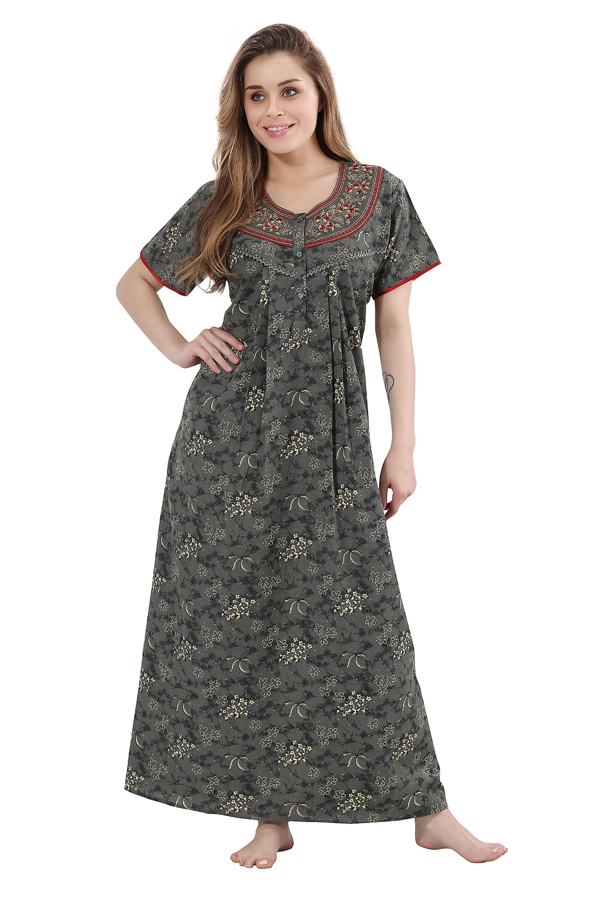 Grey Crush Cotton Embroidered Short Sleeves Pack of 1 Night Gown for Women