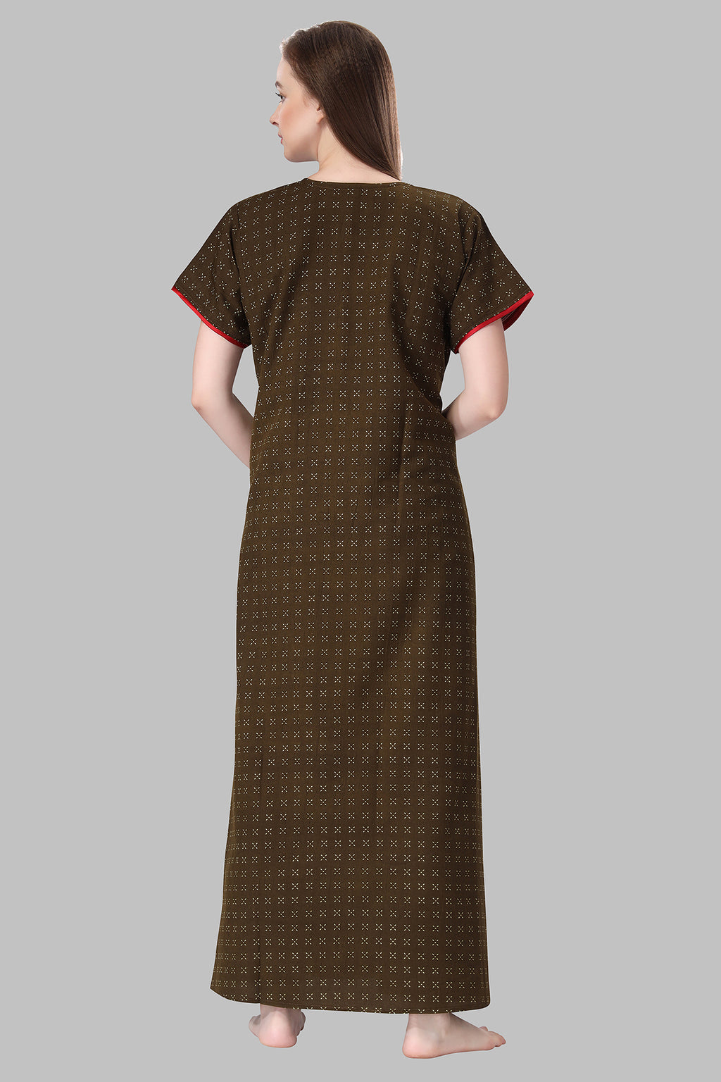 Brown Crush Cotton Embroidered Short Sleeves Pack of 1 Night Gown for Women