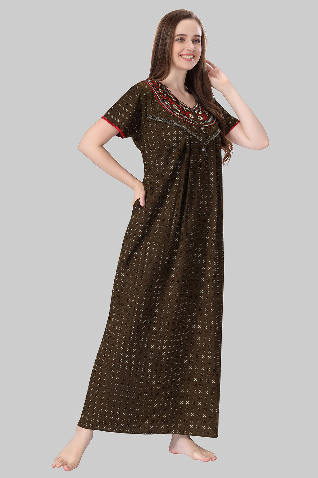 Brown Crush Cotton Embroidered Short Sleeves Pack of 1 Night Gown for Women