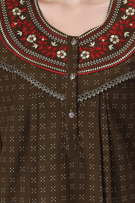 Brown Crush Cotton Embroidered Short Sleeves Pack of 1 Night Gown for Women