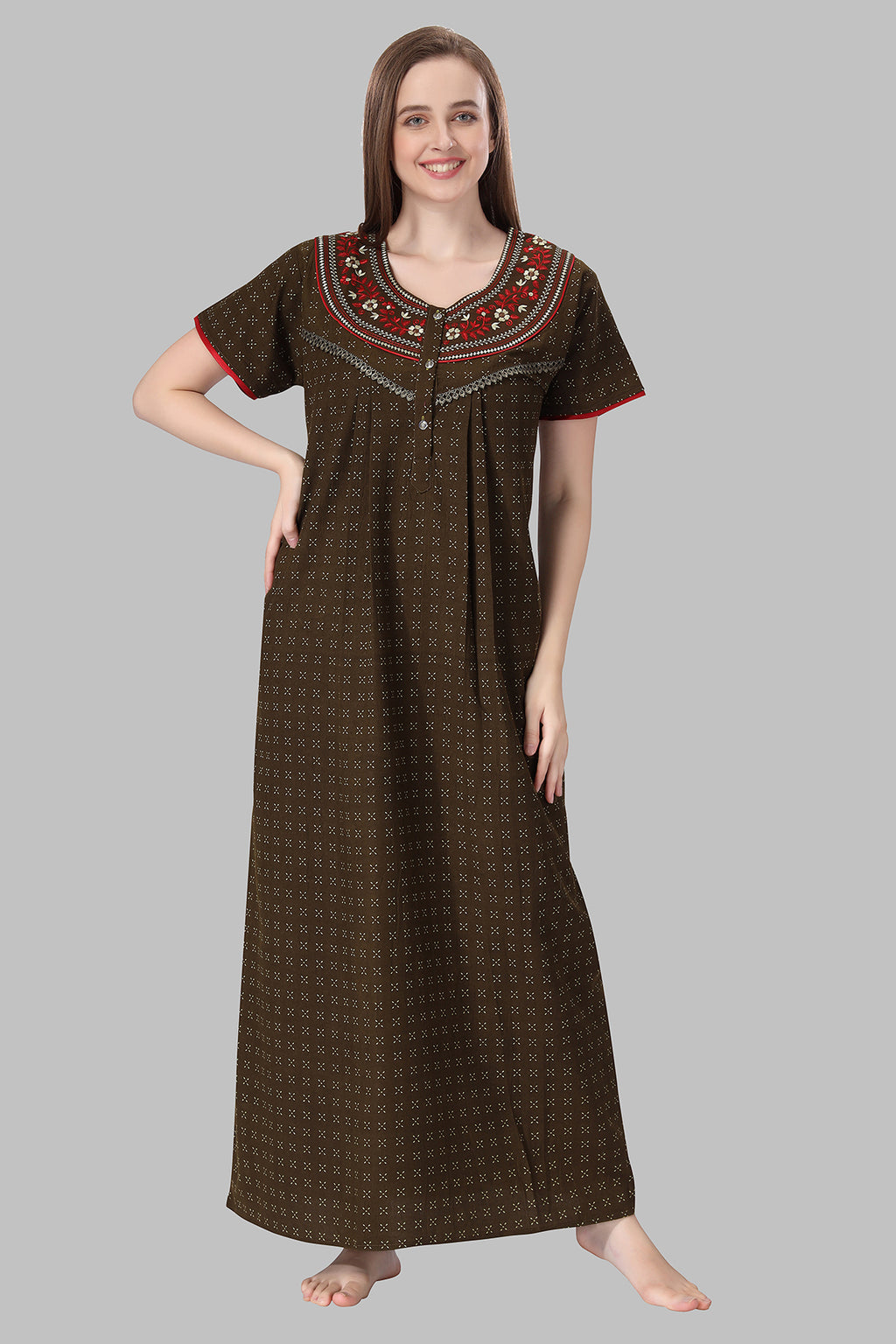 Brown Crush Cotton Embroidered Short Sleeves Pack of 1 Night Gown for Women