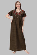 Brown Crush Cotton Embroidered Short Sleeves Pack of 1 Night Gown for Women