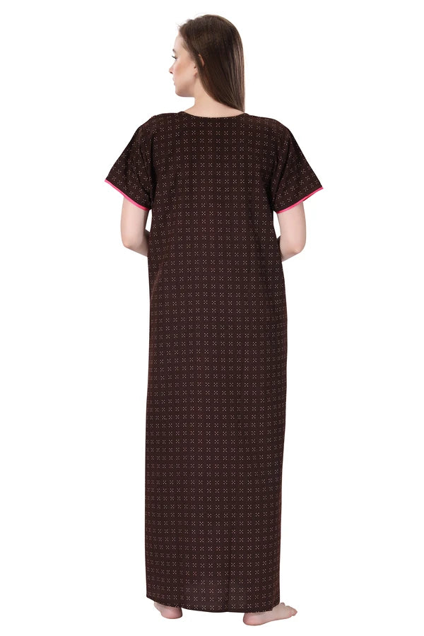 Chocolate brown cotton embroidered night gown