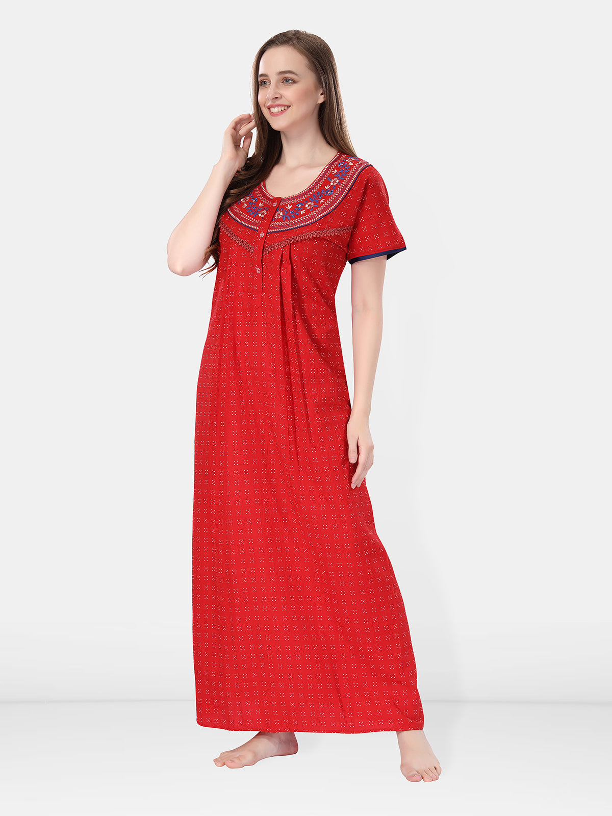 Red Crush Cotton Embroidered Maxi Night Gown for Women