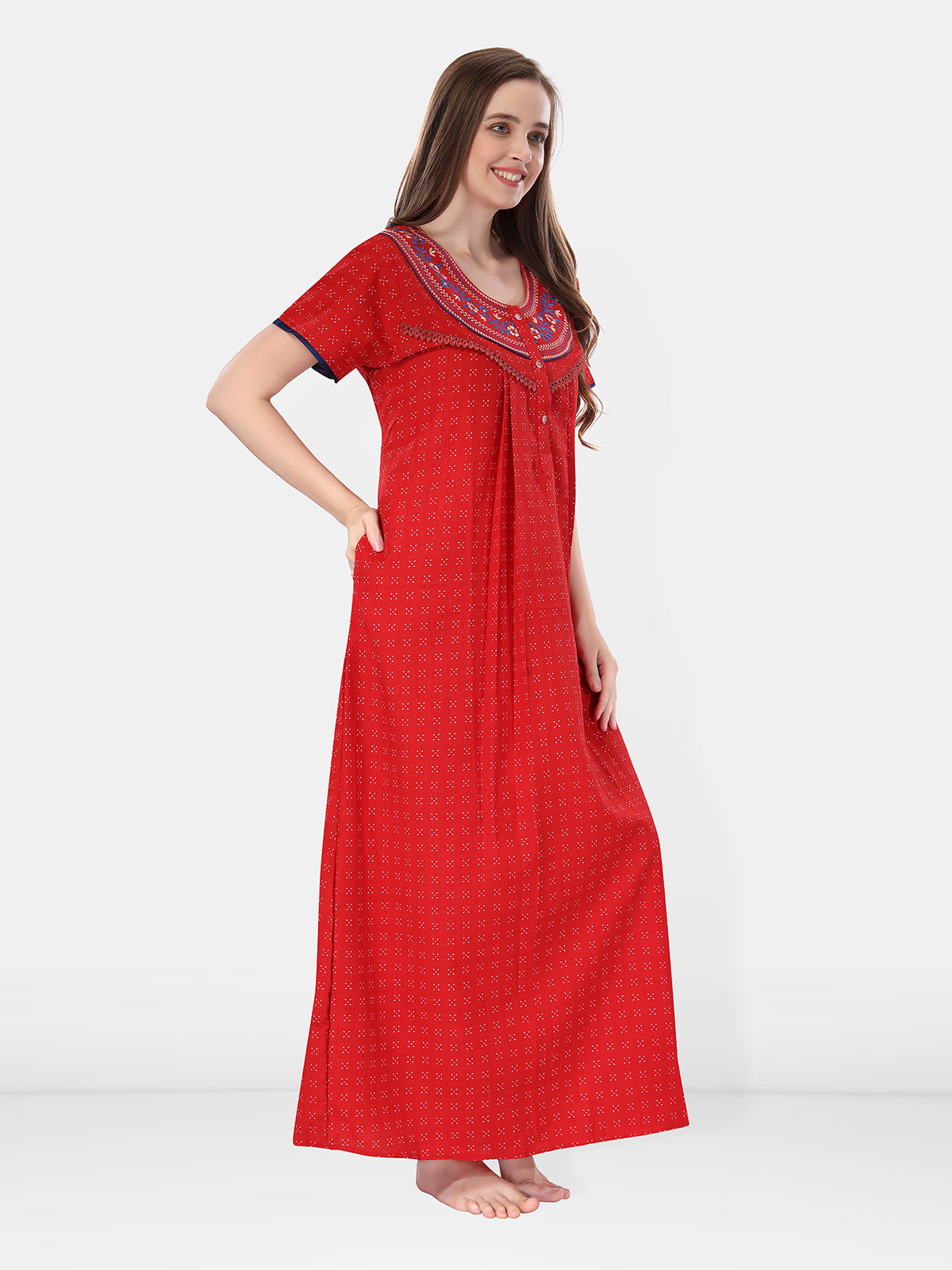 Red Crush Cotton Embroidered Maxi Night Gown for Women