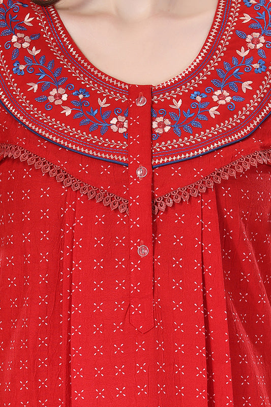 Red Crush Cotton Embroidered Maxi Night Gown for Women