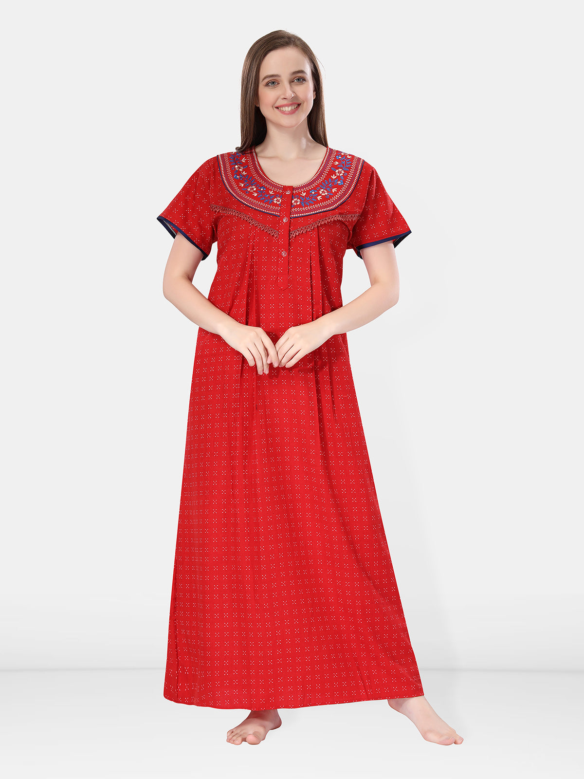 Red Crush Cotton Embroidered Maxi Night Gown for Women