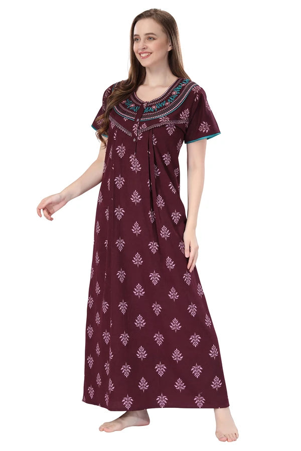 Plum cotton night gown with embroidered neckline

