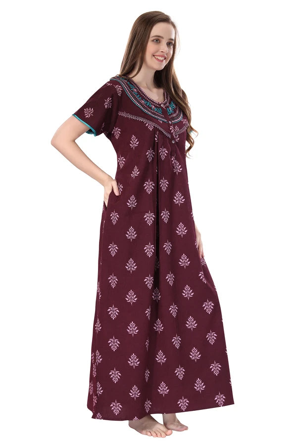 Women plum embroidered cotton nighty full length
