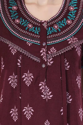 Women plum embroidered cotton nighty full length
