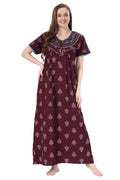 Plum crush cotton embroidered night gown front view
