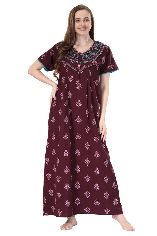 Plum crush cotton embroidered night gown front view
