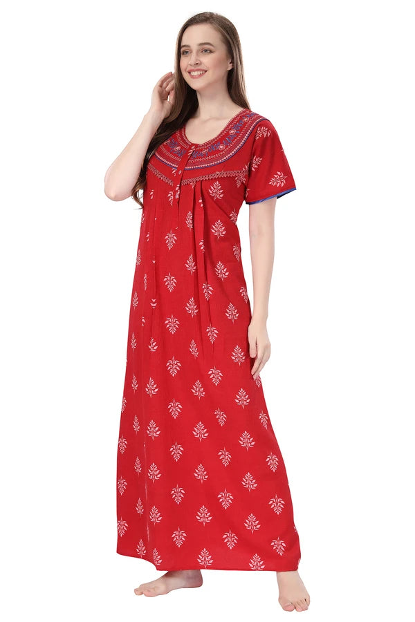 Side view of full length cotton night gown for women
