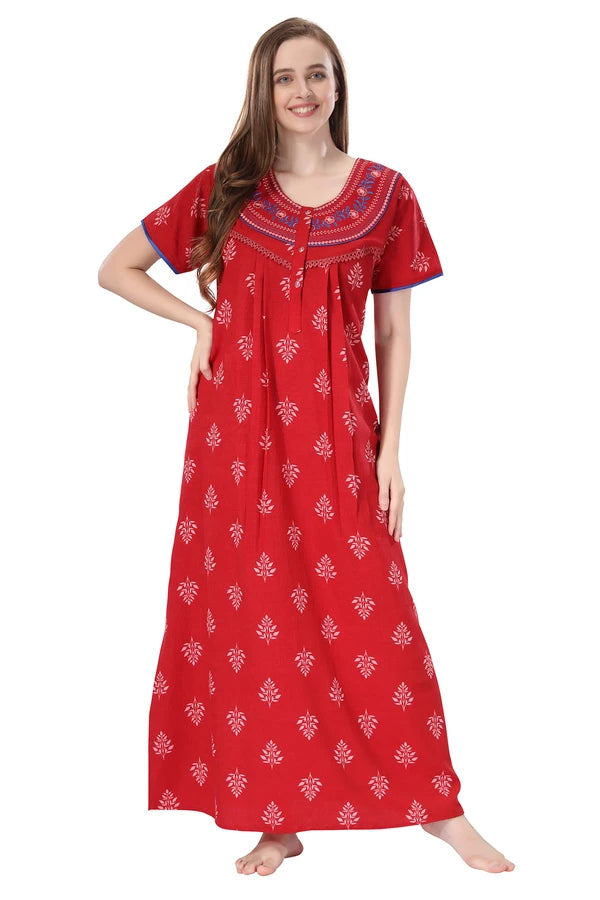 Chilli red crush cotton embroidered night gown front view
