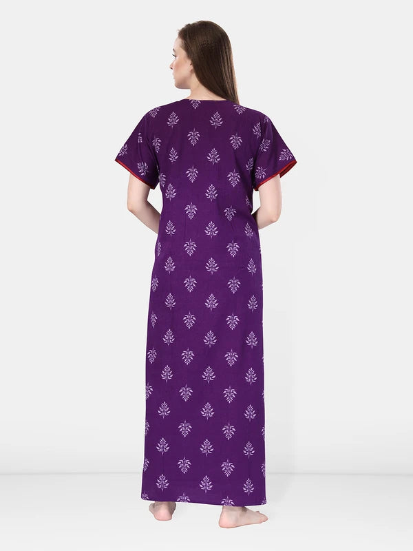 Purple Crush Cotton Embroidered Short Sleeves Pack of Night Gown Back View