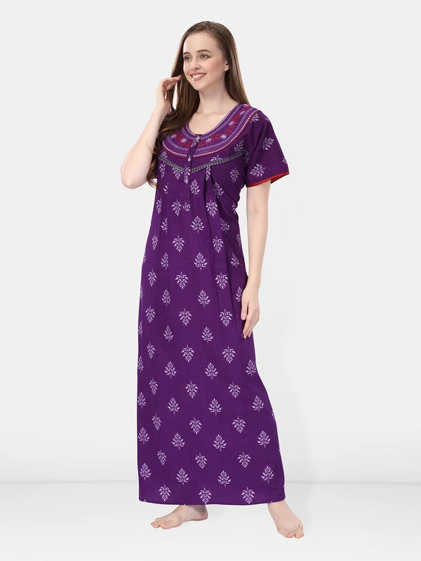 Purple Crush Cotton Embroidered Short Sleeves Pack of Night Gown