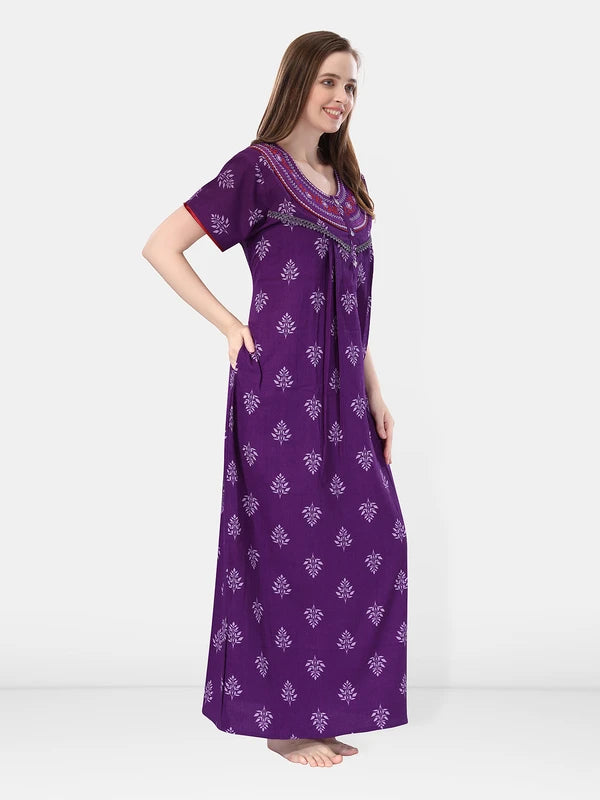 Purple Crush Cotton Embroidered Short Sleeves Pack of 1 Night Gown for Women Side View