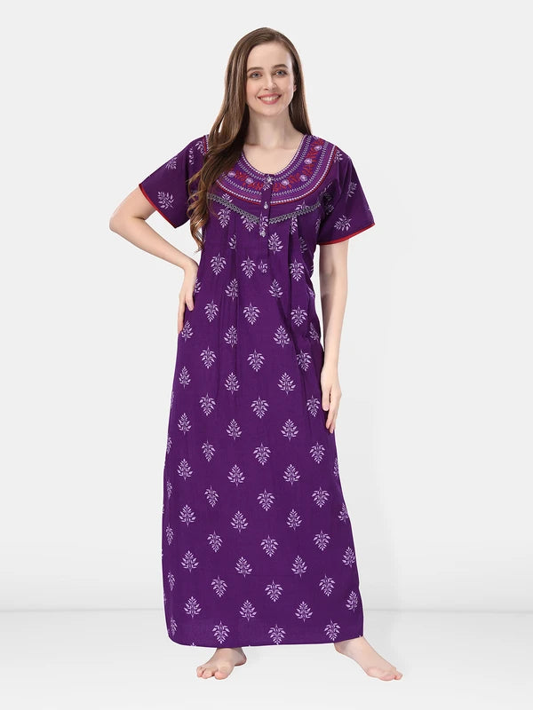 Purple Crush Cotton Embroidered Short Sleeves Pack of 1 Night Gown for Women Front View