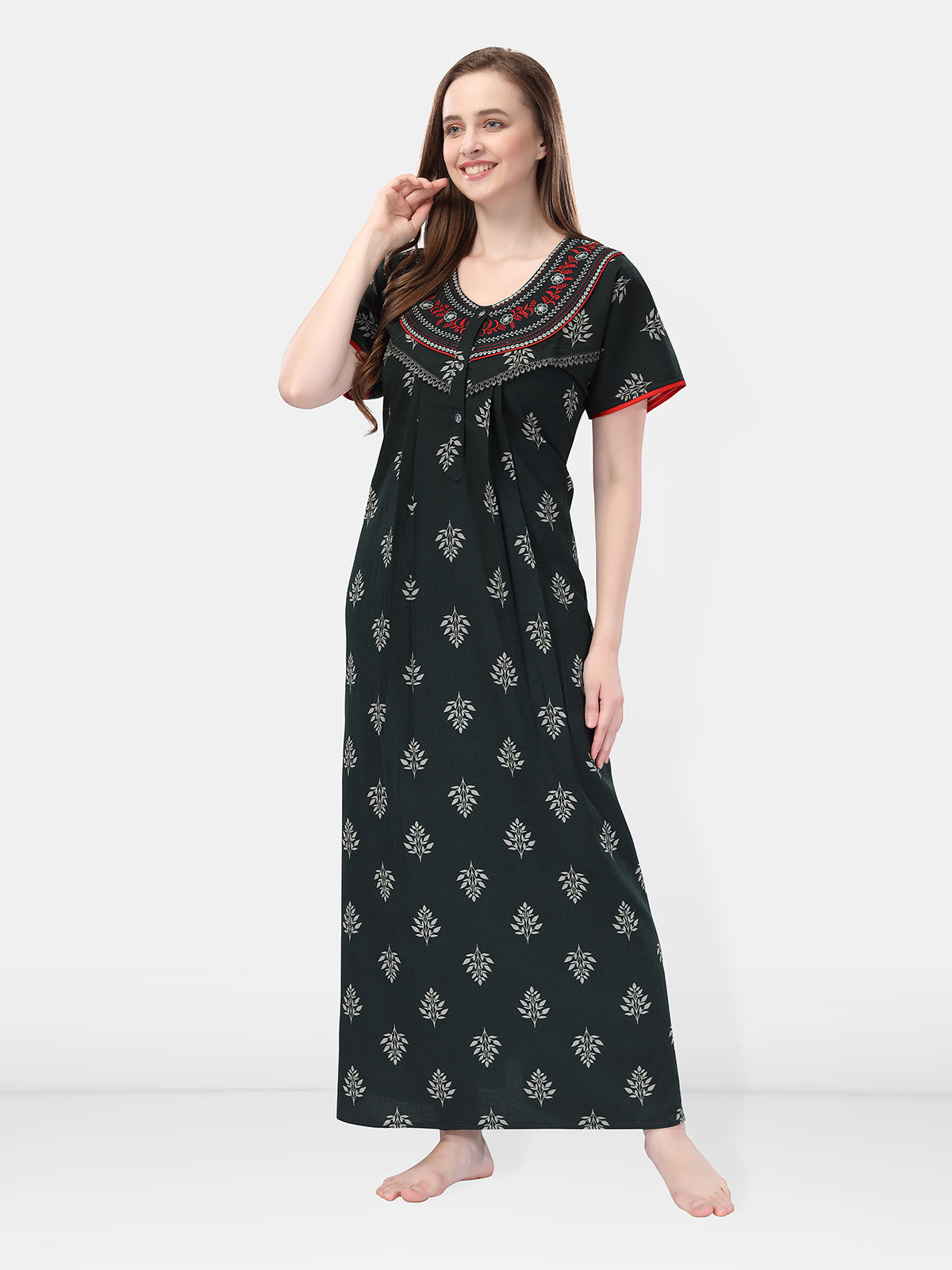 Phthalo Green Crush Cotton Embroidered Short Sleeves Pack of 1 Night Gown for Women
