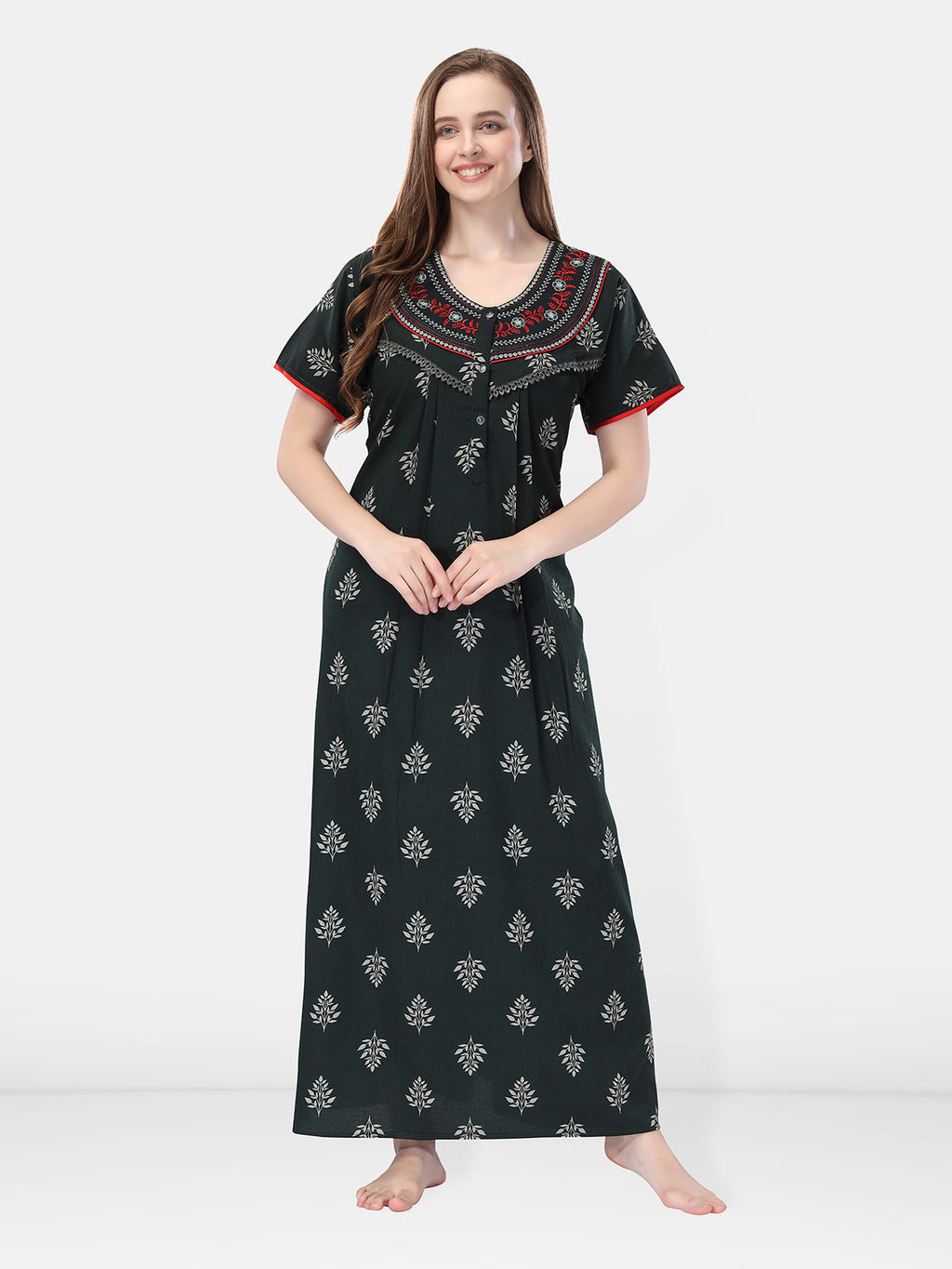 Phthalo Green Crush Cotton Embroidered Short Sleeves Pack of 1 Night Gown for Women
