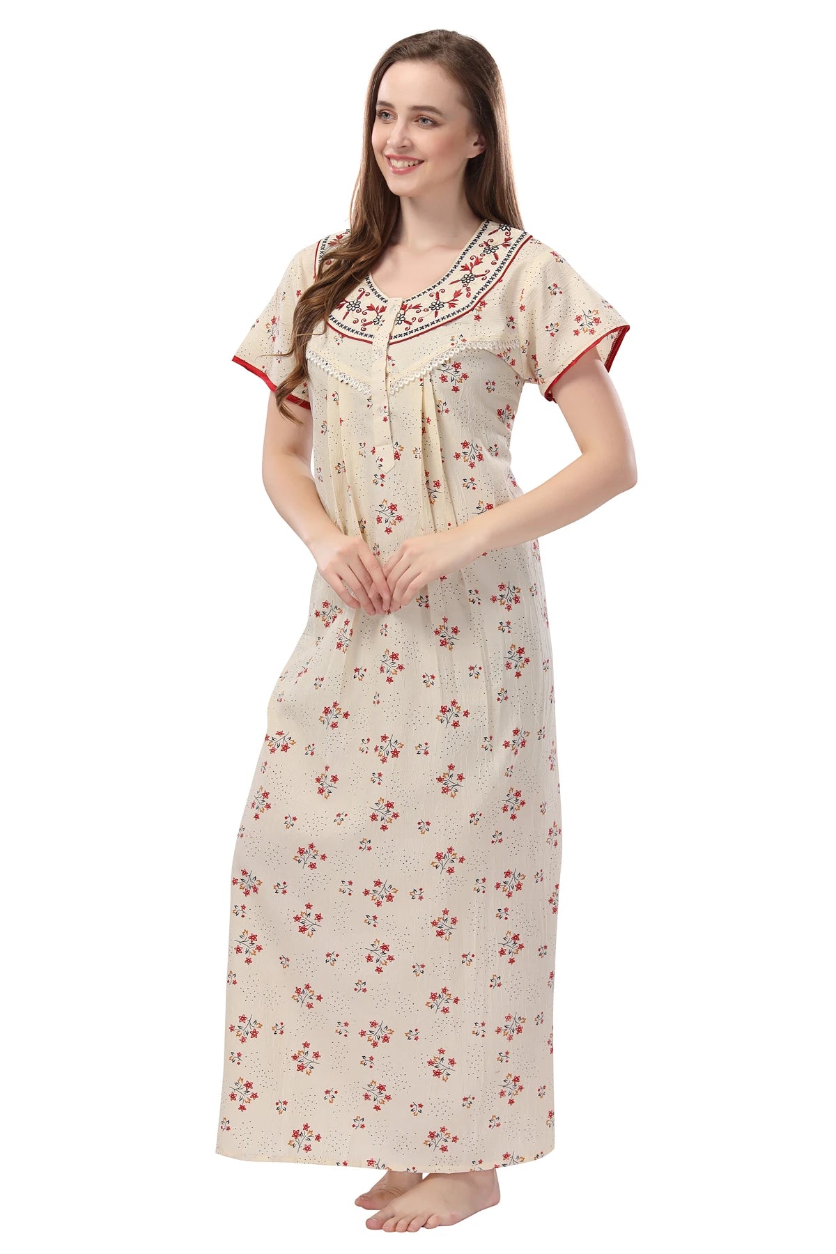 Cream crush cotton embroidered night gown for women
