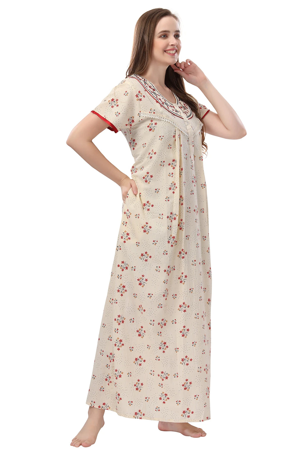 Cream maternity friendly cotton nighty for women
