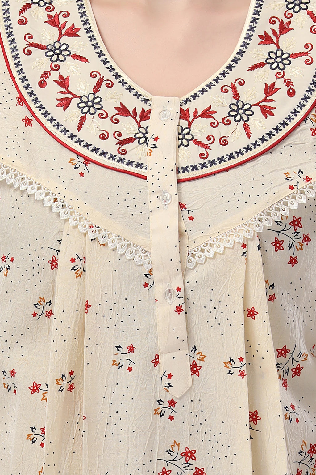 Short sleeves embroidered neck ladies night gown
