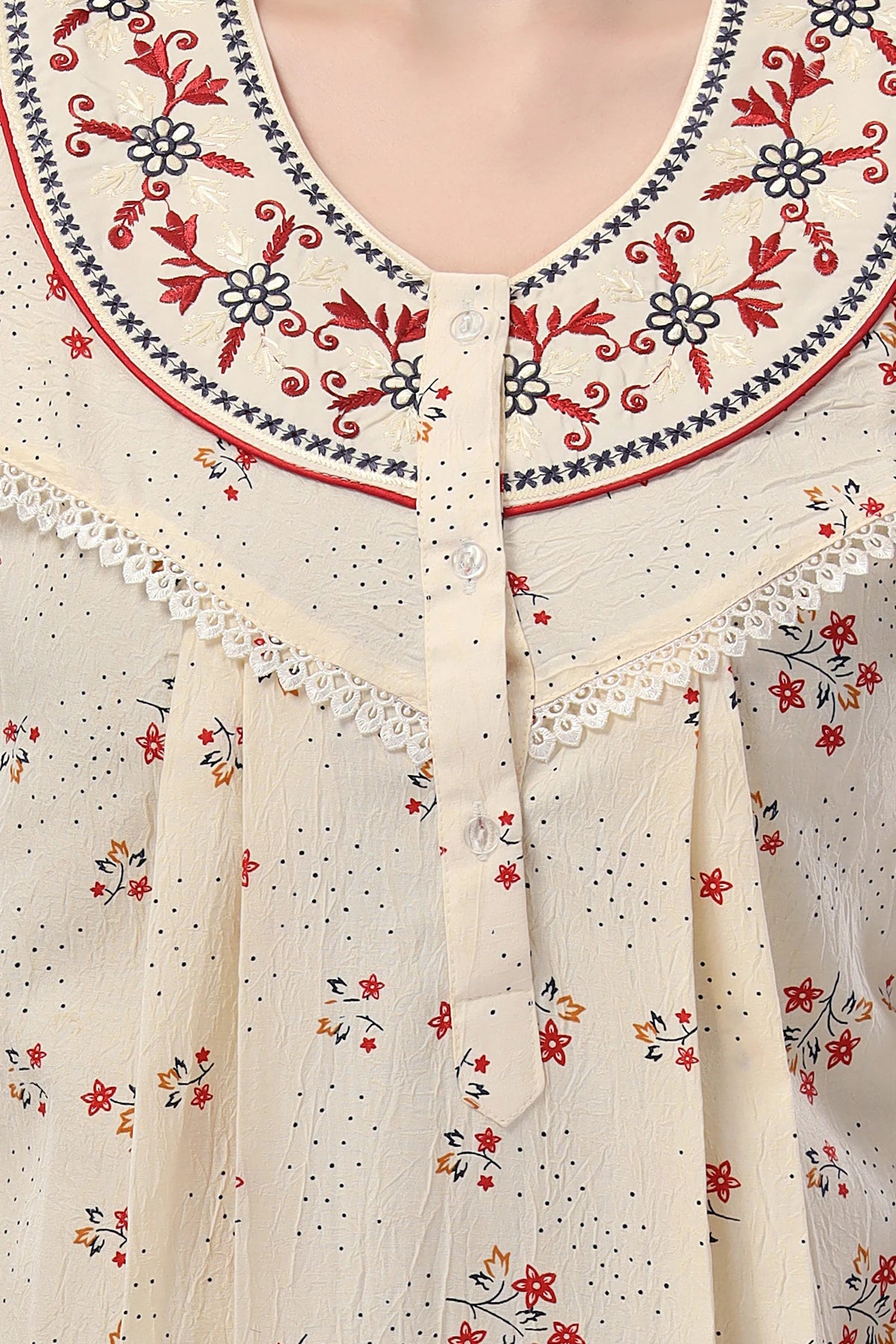 Short sleeves embroidered neck ladies night gown
