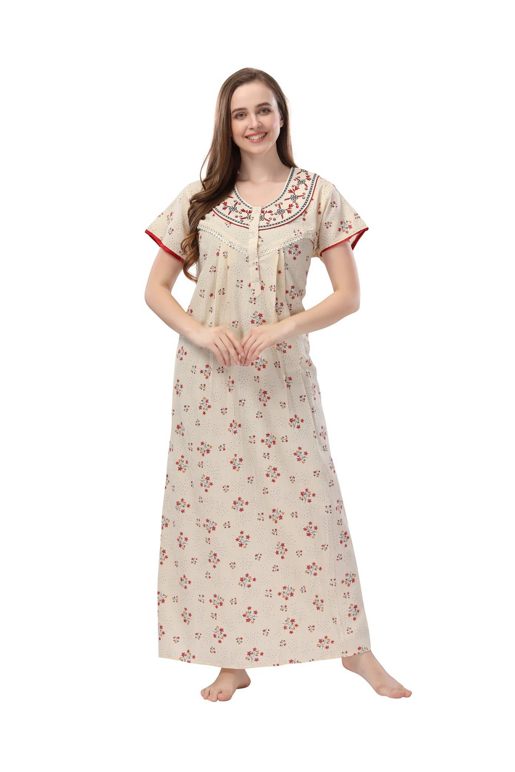 Women botanical print cotton maxi nighty cream
