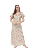 Women botanical print cotton maxi nighty cream
