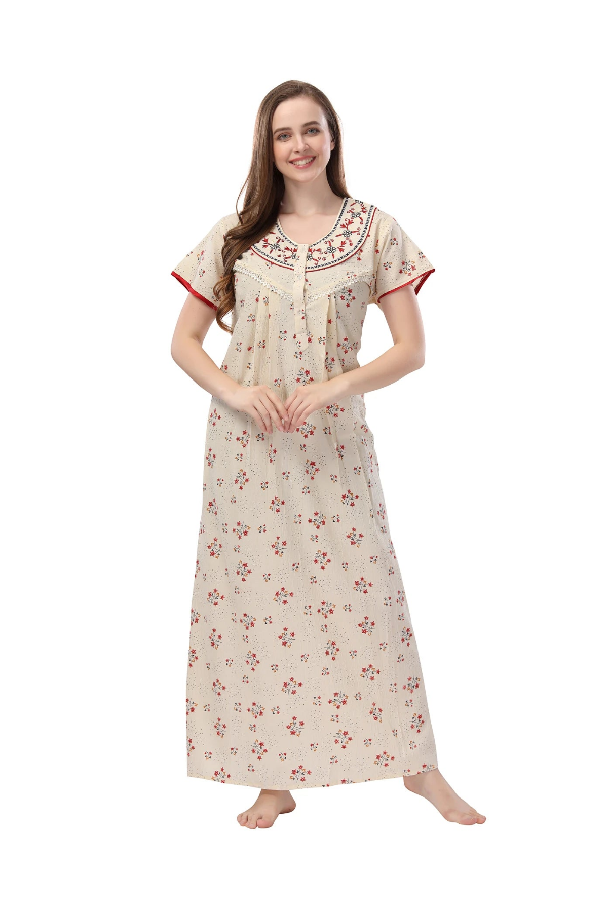 Women botanical print cotton maxi nighty cream
