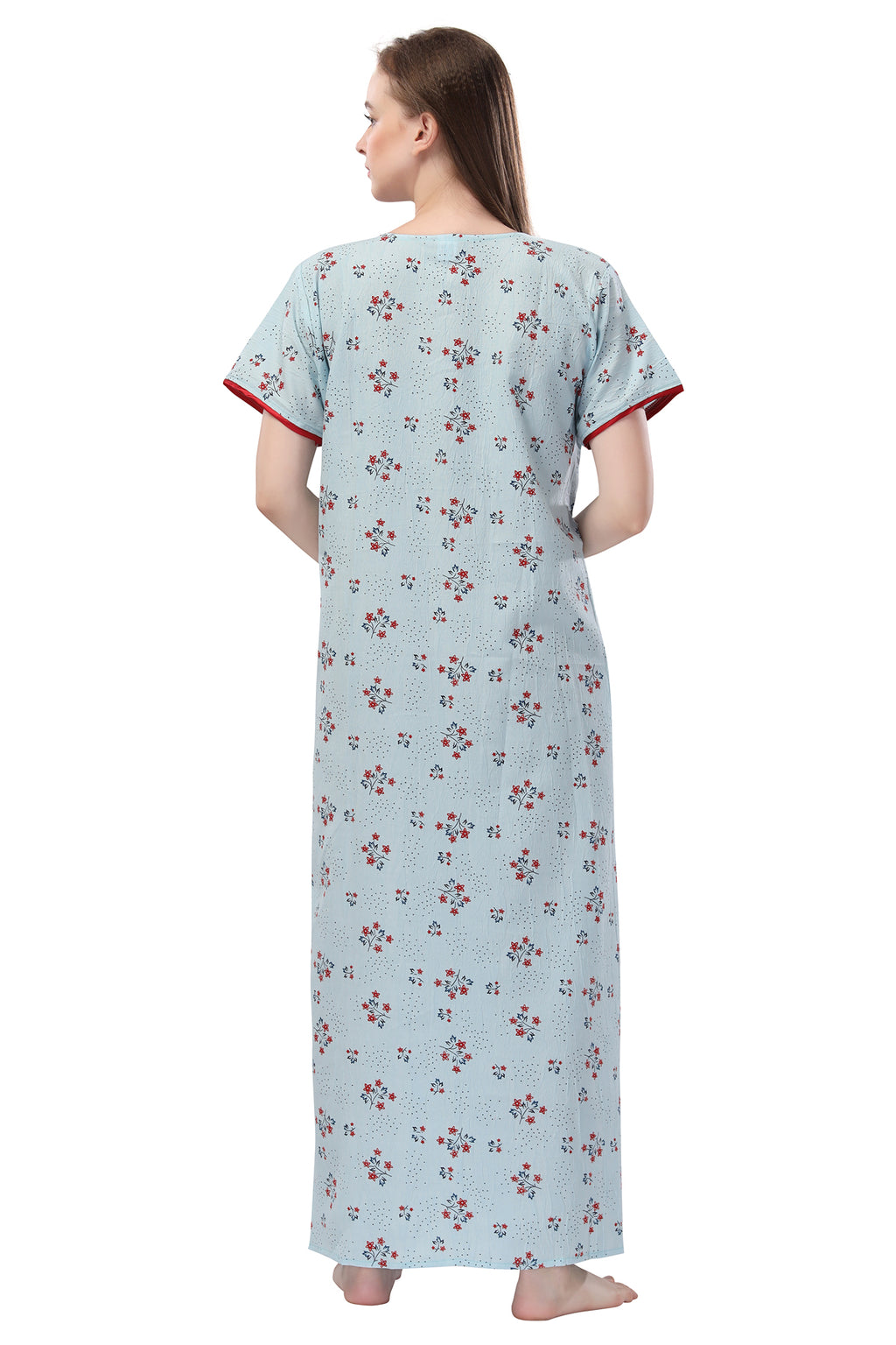 Light Sky Blue Crush Cotton Embroidered Short Sleeves Night Gown for Women