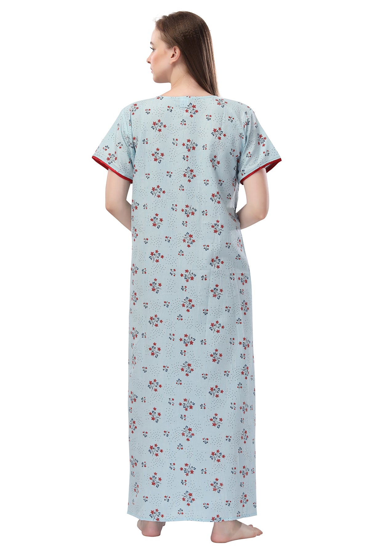 Light Sky Blue Crush Cotton Embroidered Short Sleeves Night Gown for Women