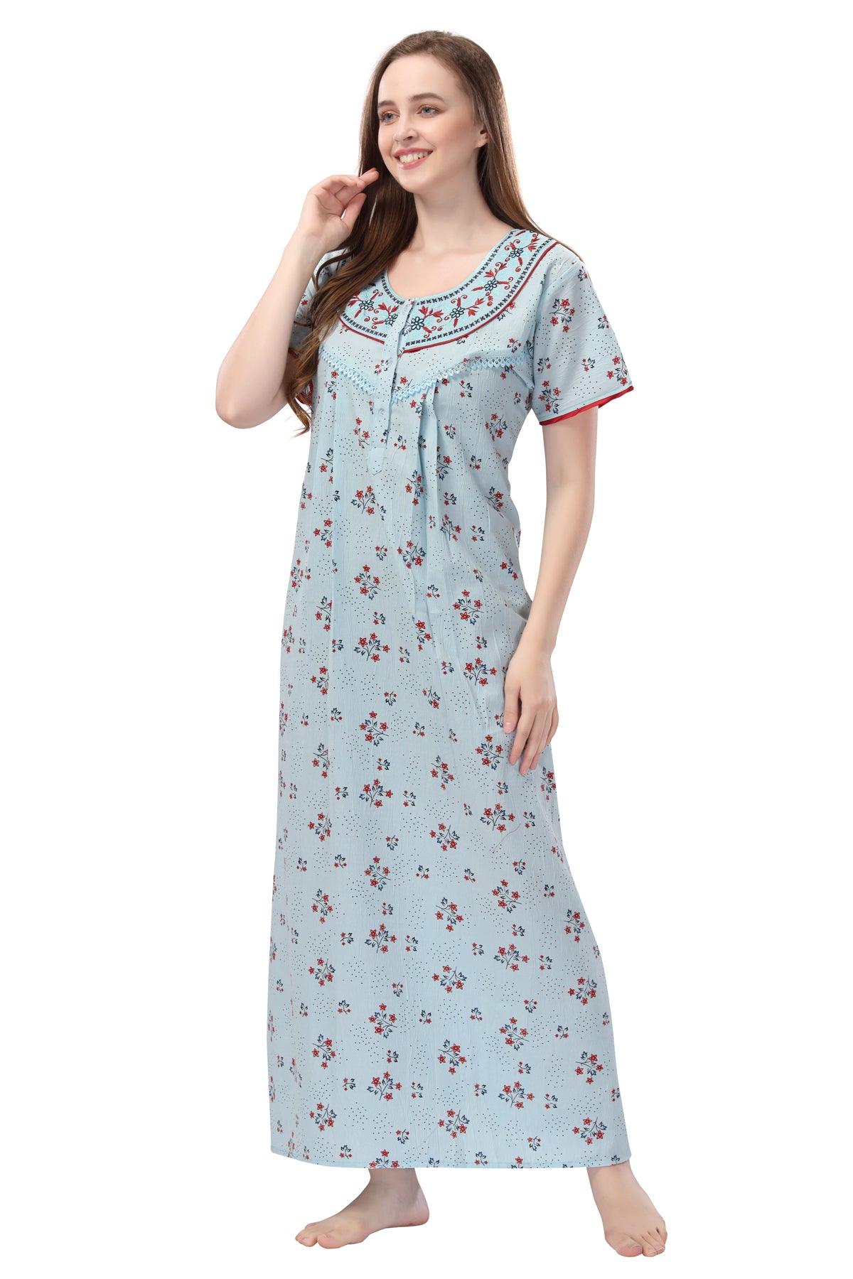 Light Sky Blue Crush Cotton Embroidered Short Sleeves Night Gown for Women