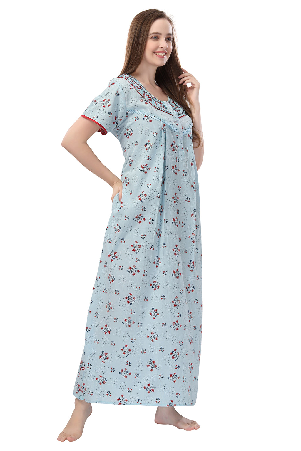 Light Sky Blue Crush Cotton Embroidered Short Sleeves Night Gown for Women